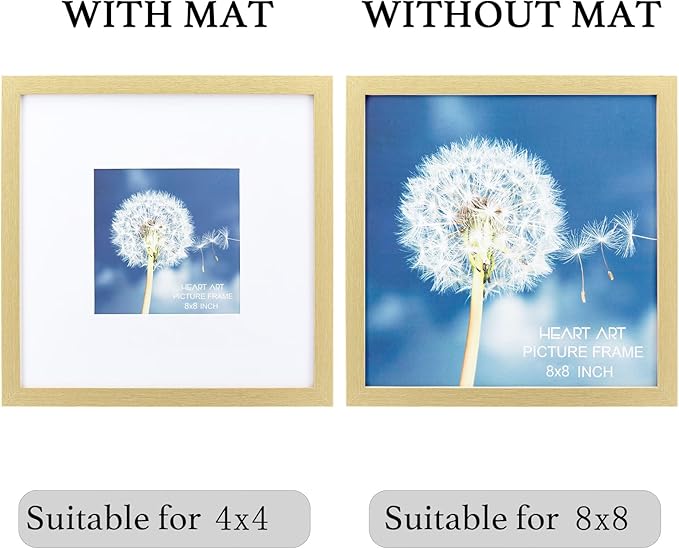 HEART ART 8x8 Gold Picture Frame Set of 9, Display Pictures 4x4 with Mat or 8 x 8 without Mat, Multi Collage Gallery Square Gold Photo Frames for Wall