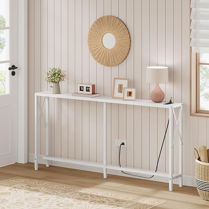Gewudraw Console Table with Oulets and USB Ports, 55.1" Sofa Table Behind Couch, Industrial Long Skinny Stand for Hallway, Living Room, Bedroom, 6.5 Feet Power Cord, White