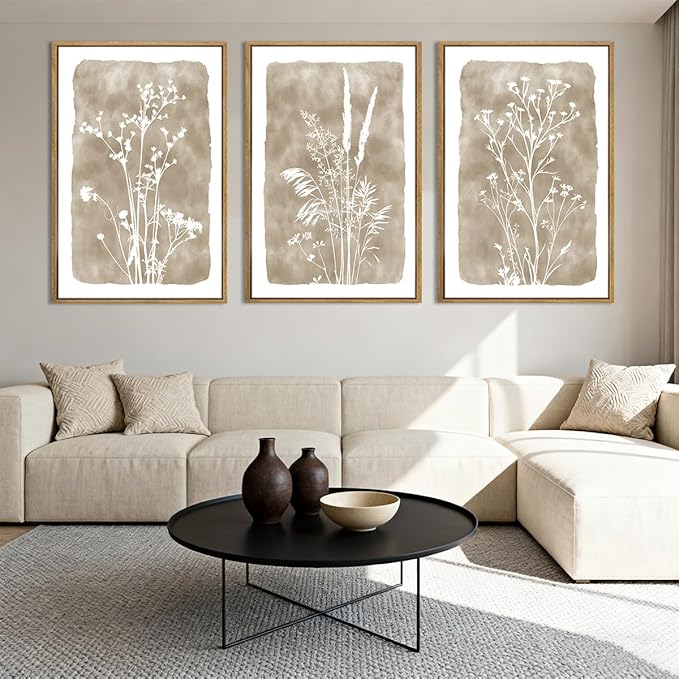 ANHUIB Extra Large Beige Floral Wall Art 24x36 Inch Neutral Floral Wall Decor Vintage Flower Artwork for Living Room Bedroom Office Set of 3