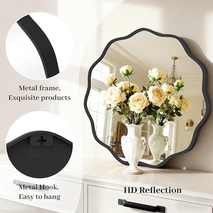 HOMECOOKIN 24" Wavy Round Wall Mirror, Black Scalloped Circle Mirror Edge Round with Metal Frame, Modern Decorative Hanging/Leaning Mirrors for Bathroom, Hotels, Hallway, Entryway, Vanity, Office