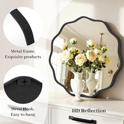 HOMECOOKIN 24" Wavy Round Wall Mirror, Black Scalloped Circle Mirror Edge Round with Metal Frame, Modern Decorative Hanging/Leaning Mirrors for Bathroom, Hotels, Hallway, Entryway, Vanity, Office