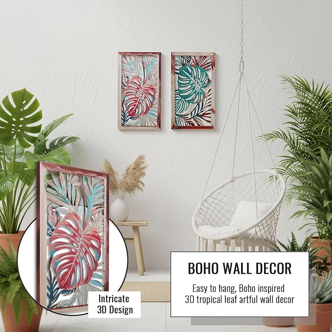 2 Pack Metal Leaf Boho Wall Decor, 3D Metal Leaf Tropical Wall Decor, Tropical Palm Leaves Boho Wall Art, Modern Wall Art, Bohemian Room Decoration for Living Room, Bedroom and Bathroom, Housewarming Gift