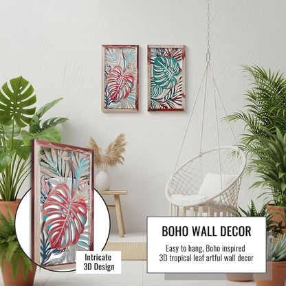 2 Pack Metal Leaf Boho Wall Decor, 3D Metal Leaf Tropical Wall Decor, Tropical Palm Leaves Boho Wall Art, Modern Wall Art, Bohemian Room Decoration for Living Room, Bedroom and Bathroom, Housewarming Gift