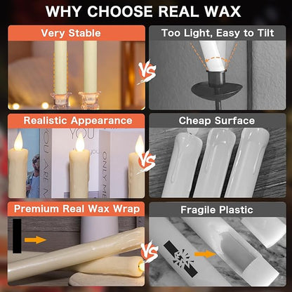 KSWING Upgraded Real Wax LED Flameless Taper Candles with Remote, 6 PCS Ivory Dripping Candlesticks Battery Operated 3D Flickering - 9.6" Long Realistic Fake Candle Sticks for Home/Wedding/Xmas Decor