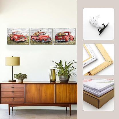 sechars Truck Wall Art Canvas Vintage Farmhouse Decor Faith Hope Love Floral Painting Prints (Red)