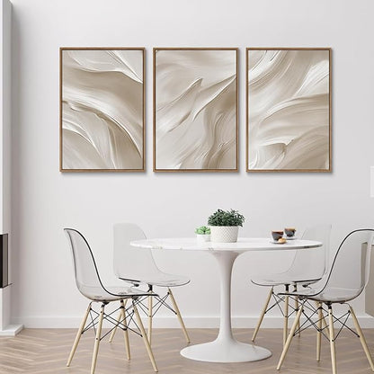 myusuar 3 Piece Large Abstract Framed Wall Art For Living Room, Smoke Texture Ink Beige White Canvas Wall Art Modern Minimalist Art Prints Wall Décor For Bedroom Office 16x24in