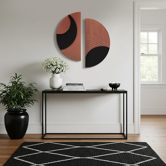BrightRow 2 Pcs Boho Round Wall Decor Wood Mid-century Wall Art Geometric Half-circle Line Art Design Hand-carved for Farmhouse and Country Style Interior Decoration, 11.8 Inches