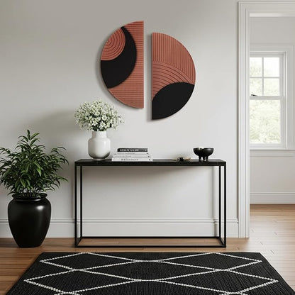 BrightRow 2 Pcs Boho Round Wall Decor Wood Mid-century Wall Art Geometric Half-circle Line Art Design Hand-carved for Farmhouse and Country Style Interior Decoration, 11.8 Inches