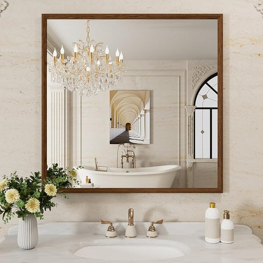 WEER Bathroom Mirror, 36x36 Inch Wall Mirror, Walnut Wood Grain Framed Mirror, Rectangle Vanity Mirror, Tempered Glass, Anti-Rust, Hangs Horizontally or Vertically