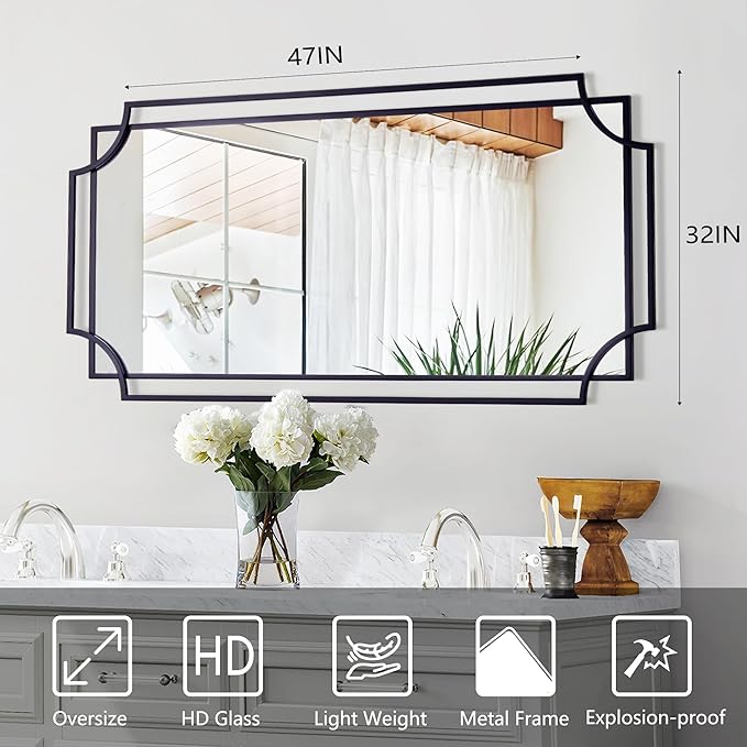 47'' x 32'' Black Mirror for Wall Decor, Large Living Room Mirror with Metal Frame, Modern Decorative Mirror for Dining Room, Entryway, Fireplace