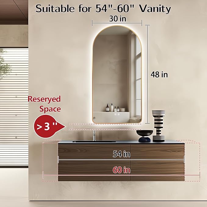 Niccy Arched LED Lighted Bathroom Mirror, 48x24 Inch Backlit Vanity Bathroom Mirror with Lights Brushed Gold Framed Wall Mounted Mirrors with 3 Color Shatterproof Arch Smart Fog Free Mirror