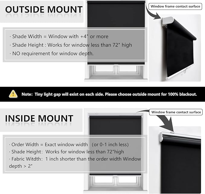 Cordless Roller Shades Blackout Blinds for Windows Room Darkening Rolled Up Shades with Spring System, UV Protection Window Shades Door Blinds for Home and Office (20" W x 72" H, Black)