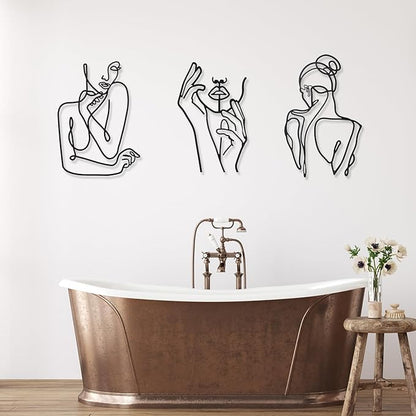 Photect 3 Pcs Metal Wall Art Decor Minimalist Abstract Woman Wall Art Metal Modern Line Drawing Decor Female Single Line Home Hanging for Bedroom Bathroom Living Room Housewarming(Cute,Black)