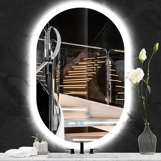THEKLA 24 x 36 inch Oval Lighted Mirror for Bathroom Salon Wall Horizontal Vertical Mount Oval Backlit Vanity Mirror with Lights Smart Memory 3 Color Dimmable AntiFog 36 Back Light up LED Ovals Mirror