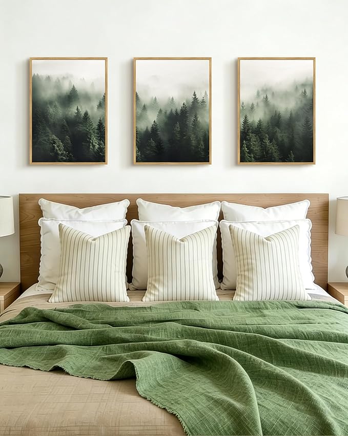 PHOPAGO Green Fog Pine Tree Framed Wall Art Nature Misty Nordic Forests Artwork Morden Paints for Living Room Hallway Decor - 12x16in Natural Framed