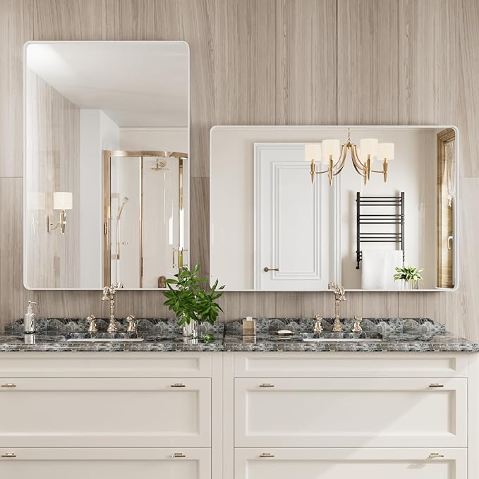 JISOSO White Bathroom Mirror 48x32 Inch, White Metal Framed Bathroom Mirror for Wall, Rounded Rectangle Matte Bathroom Vanity Mirror, Tempered Glass, Anti-Rust, Horizontal/Vertical