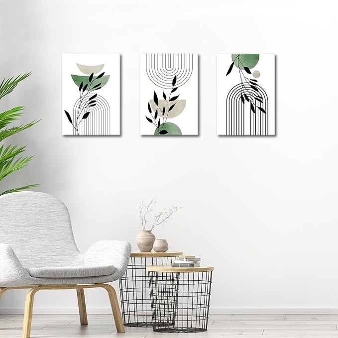 WENGTIAO 3Pcs Boho Sage Green Canvas Wall Art MInimalist Geometric Line Leaf Pictures Prints Paintings Abstract Mid Century Botanical Green Plant Artwork for Living Room Bedroom Bathroom 12x16x3
