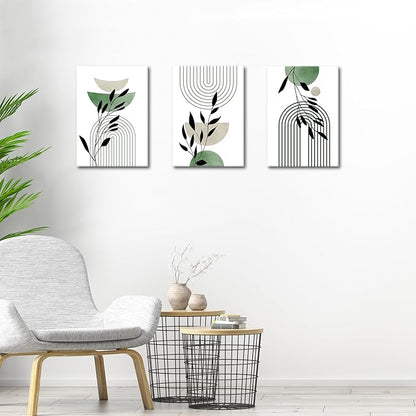 WENGTIAO 3Pcs Boho Sage Green Canvas Wall Art MInimalist Geometric Line Leaf Pictures Prints Paintings Abstract Mid Century Botanical Green Plant Artwork for Living Room Bedroom Bathroom 12x16x3