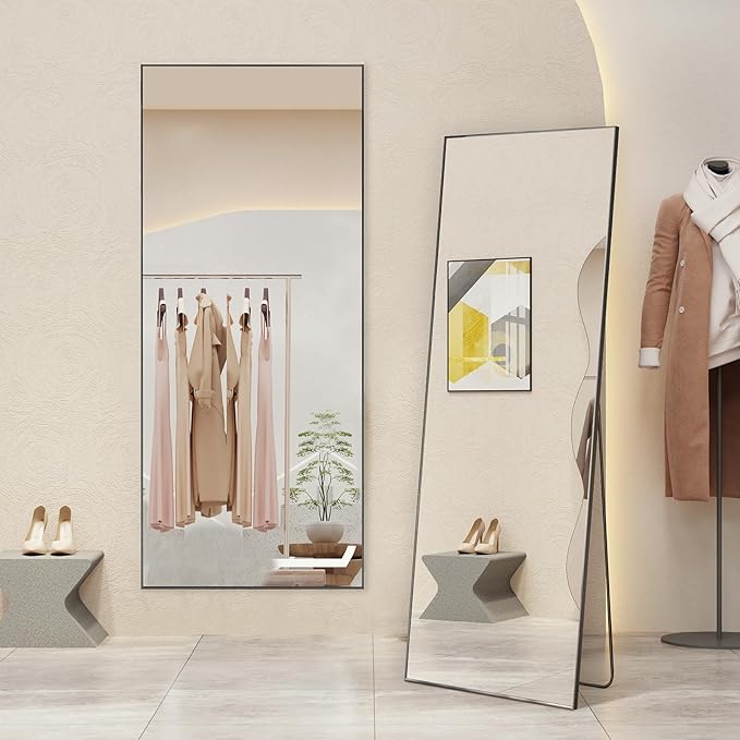 Mirror Full Length, Upgraded 21"x64" Body Wall Mirrors with Shatter-Proof Glass, Floor Standing, Hanging or Leaning, Tall Mirror with Stand Aluminum Alloy Frame for Bedroom, Black