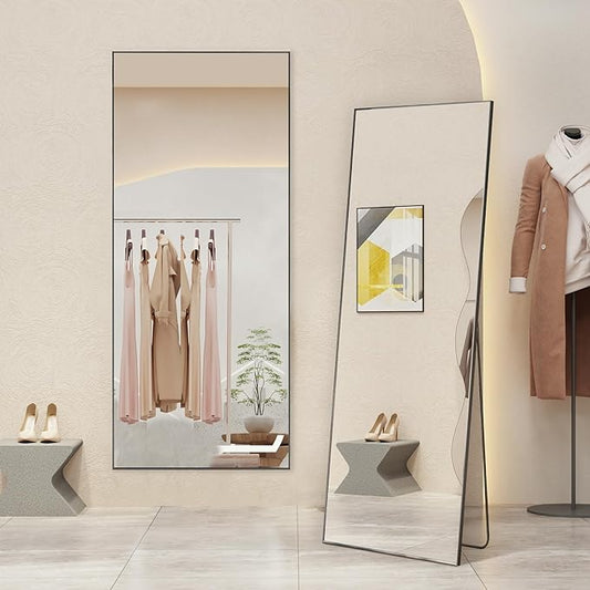 Mirror Full Length, Upgraded 21"x64" Body Wall Mirrors with Shatter-Proof Glass, Floor Standing, Hanging or Leaning, Tall Mirror with Stand Aluminum Alloy Frame for Bedroom, Black
