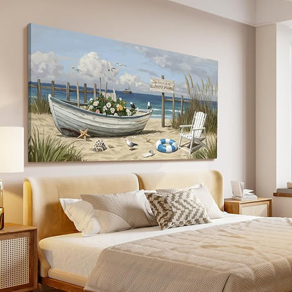 Extra Large Coastal Living Room Wall Art, Featuring A Printed Seaside Landscape, Boats, Beach Chairs, Seagulls, And Natural Wall Decor. A Modern Coastal Artwork For Bedrooms, Dining Rooms, Entryways, And Lounges. 58X29 Inches.