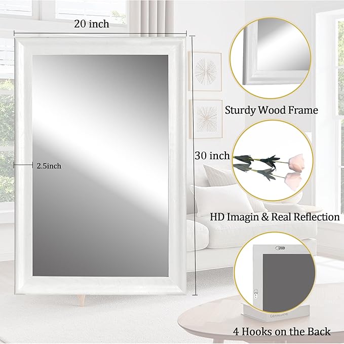 CULER White Wood Wall Mirror for Bathroom,Rectangle 20 x 30 inch Hanging Vanity Mirrors with Wooden Frame for Living Room,Bedroom,Entryway