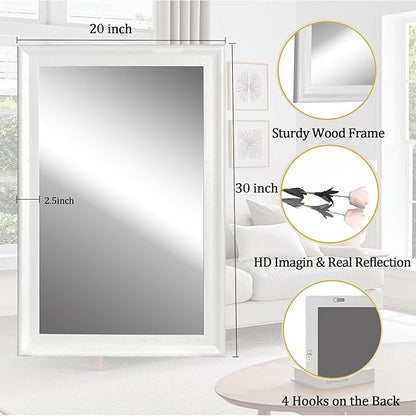 CULER White Wood Wall Mirror for Bathroom,Rectangle 20 x 30 inch Hanging Vanity Mirrors with Wooden Frame for Living Room,Bedroom,Entryway