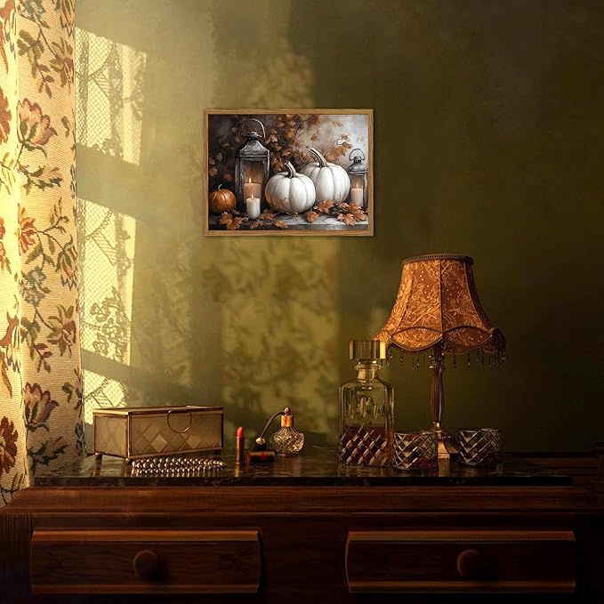 Framed Vintage Fall Pumpkin Canvas Wall Art, Rustic Farmhouse Autumn Paintings Wall Decor, Thanksgiving Pumpkins Pictures Prints Aesthetic Home Decor for Living Room Kitchen Office 12×16 inch
