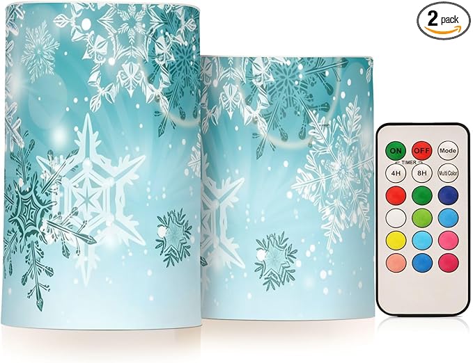 Christmas Lights Decorations Flameless Candles Silver Winter Teal Turquoise Snowflakes Christmas Pillar Candles Set of 2 Battery Operated Remote Control Warm Lights