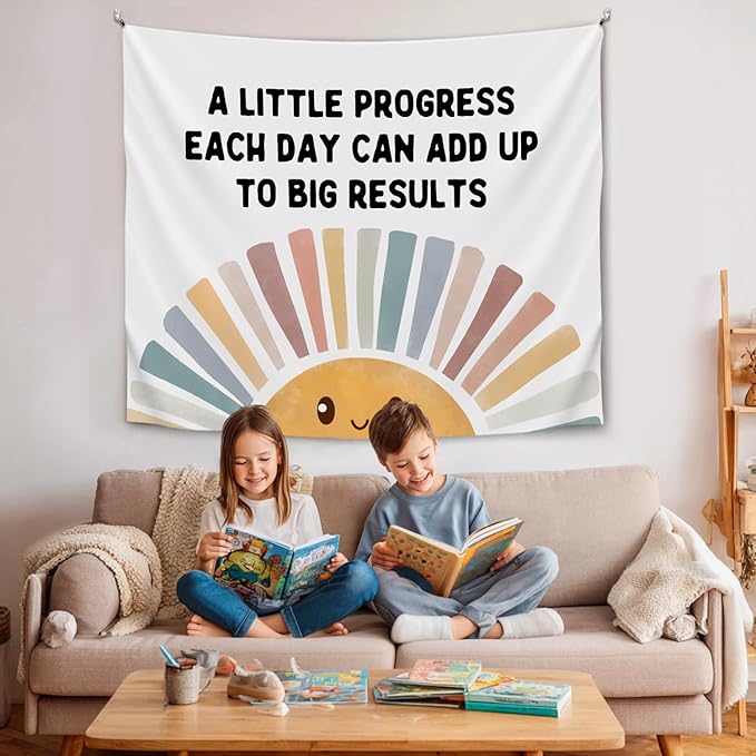 Positive Wall Tapestry-A Little Progress Each Day Inspirational Banner,Soft Flannel Wall Tapestry Decor for Bedroom,Kids Room Decor,Birthday Party Wall Art Decoration 51x59 Inch (Colorful-Progress)