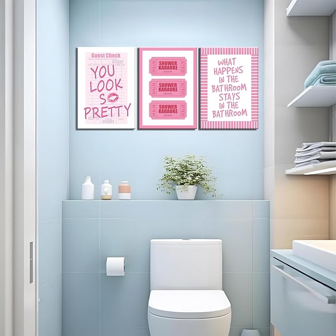 JBZDD 3Pcs Framed Preppy Pink Bathroom Wall Art Set, Funny Guest Check & Shower Karaoke Stamp Canvas Posters, Trendy Indie Pop Room Decor for Women Powder Room Restroom 12x16in