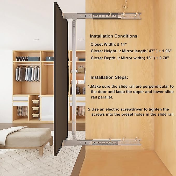 Hideaway Closet Mirror, Retractable Full Length Mirror, 47" x 16" Wall Mounted Mirror, Suitable for Bedroom, Locker Room, Cloakroom