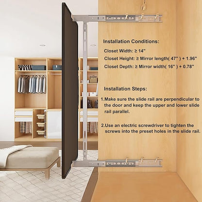 Hideaway Closet Mirror, Retractable Full Length Mirror, 47" x 16" Wall Mounted Mirror, Suitable for Bedroom, Locker Room, Cloakroom