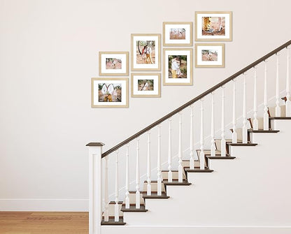 VELISTA 8 Piece Stair Picture Frame Set for Wall Collage - Stairwell Gallery Wall Set - Ladder Wooden Photo Frames with Mat - Farmhouse Staircase Wall Decor - Rustic Stairway Decor (Oak)