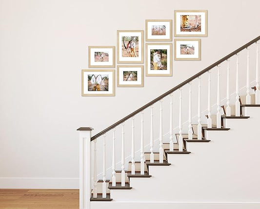 VELISTA 8 Piece Stair Picture Frame Set for Wall Collage - Stairwell Gallery Wall Set - Ladder Wooden Photo Frames with Mat - Farmhouse Staircase Wall Decor - Rustic Stairway Decor (Oak)