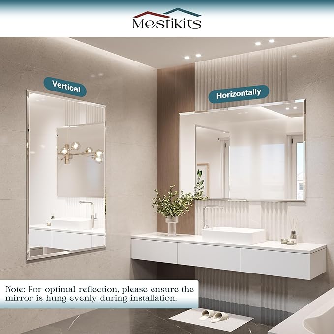 Frameless Bathroom Mirrors for Wall, 48"x32" Beveled Bathroom Mirror for Vanity, Wall Mount Mirror for Bedroom Entryway Living Room Hangs Horizontally or Vertically