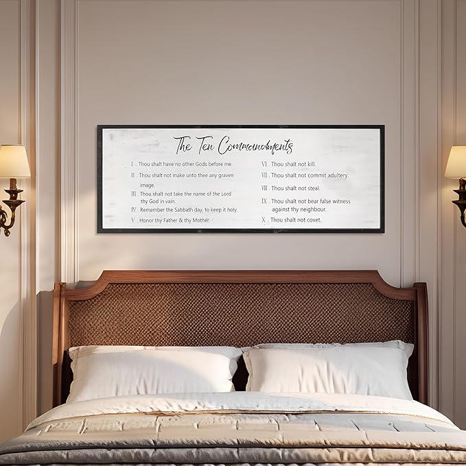 The Ten Commandments Rustic Bible Verse Framed Wall Sign For Family Living Room Kitchen Farmhouse Dining Room Vintage Boho Wall Art Decoration For God Jesus Christ Prayer, 40 x 15 Inch, Black