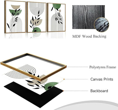 Bwodke Boho Wall Art, Framed Abstract Wall Art, Line Plants Leaf Canvas Wall Decor, Mid Century Sage Green Geometric Pictures Set of 3, Minimalist Paintings, for Bedroom Living Room Bathroom 16"x24"