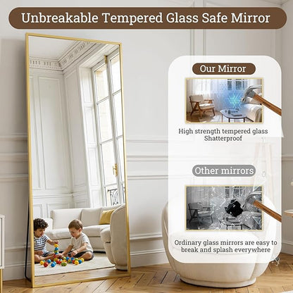 Gold Mirror Full Length, 65"x24" Floor Mirror with Stand, Full Body Mirrors for Bedroom, Hanging Mounted for Living Room Cloakroom, Shatterproof Tempered Glass Floor Mirror