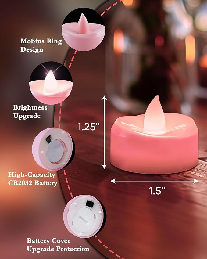 merrynights Flameless Candles, 12 Pack Tea Lights Candle Battery Operated, LED Tealight Votives, Realistic Tea Lights for Wedding Christmas Party Home Decor -D 1.5” x H 1.25” -Pink Light