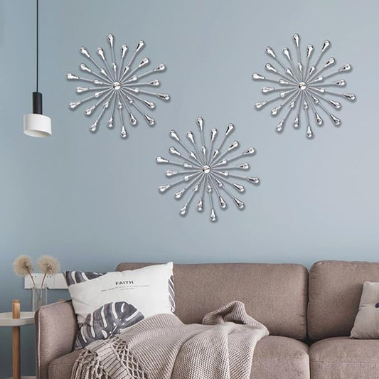 DXYAKY Set of 3 Silver Starburst Metal Wall Art Decor, 11.8 Inch Sparkling Diamond Star Jeweled Teardrop, Elegant Rhinestone Crystal Home Decor Accents, Living Room Bedroom Decorative Wall Sculpture