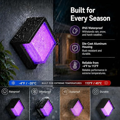 Meevt Smart Outdoor Wall Lights, 1200LM RGBCW Porch Lights, IP65 Waterproof Exterior Wall Sconce, Work with Alexa & Google Assistant, App & Remote Control Wall Lights for Patio, Garage, Square, 2 Pack