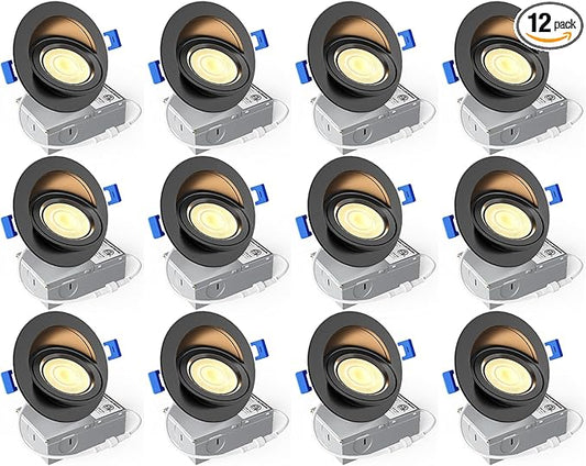 Ensenior 12 Pack 4 inch Black Gimbal Led Recessed Light, 5CCT 2700K-5000K, 360°+90° Adjustable, Dimmable, Aluminum, CRI90+, 900LM 9W 120V, Eyeball Recessed Lighting, Directional Can Light, ETL&FCC
