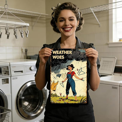 Weather Woes Laundry Tin Sign Vintage Metal Plaque Funny Sarcastic Retro Housewife Design Laundry Room Wall Art Kitchen Home Decor Rustic Farmhouse Gift 16x12 Inch