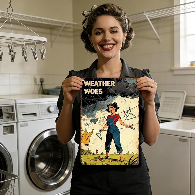 Weather Woes Laundry Tin Sign Vintage Metal Plaque Funny Sarcastic Retro Housewife Design Laundry Room Wall Art Kitchen Home Decor Rustic Farmhouse Gift 12x8 Inch