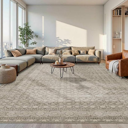 10x14 Washable Area Rug for Living Room, Extra Large Neutral Vintage Boho Rugs for Dining Room, Kids Room, Farmhouse, Durable Low Pile Non Slip Carpet for High Traffic Areas, Apricot