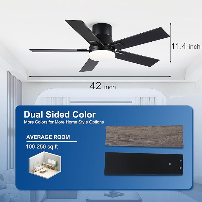 42 Inch Ceiling Fans with Lights and Remote,Flush Mount Black Ceiling Fan with 5 Blades,6 Speed Reversible DC Motor,3CCT Dimmable LED-Low Profile Design for Bedroom, Living room & Covered Outdoor