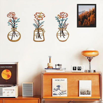 Metal-Wall-Decor Living Room - 3 Pcs Metal Bathroom Wall Art Floral Vase and Picture Frame for Decoration- Hanging Display Wall Decor Art for Home Dining Room Bedroom Kitchen Farmhouse,Orange