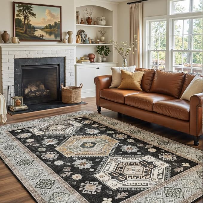 5x7 Area Rugs Black and White Washable Rug for Living Room, Dining Room, Bedroom, Large Carpets, Non Slip & Non-Shedding Low Pile Vintage Print Rug for Home Office Decor