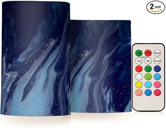 ALAZA Beautiful Navy Blue Marble Flickering Flameless Candles Battery Operated with Remote Timer,Tea Light Candles LED Pillar Votive Candles Set of 2 for Outdoor Indoor Decorations